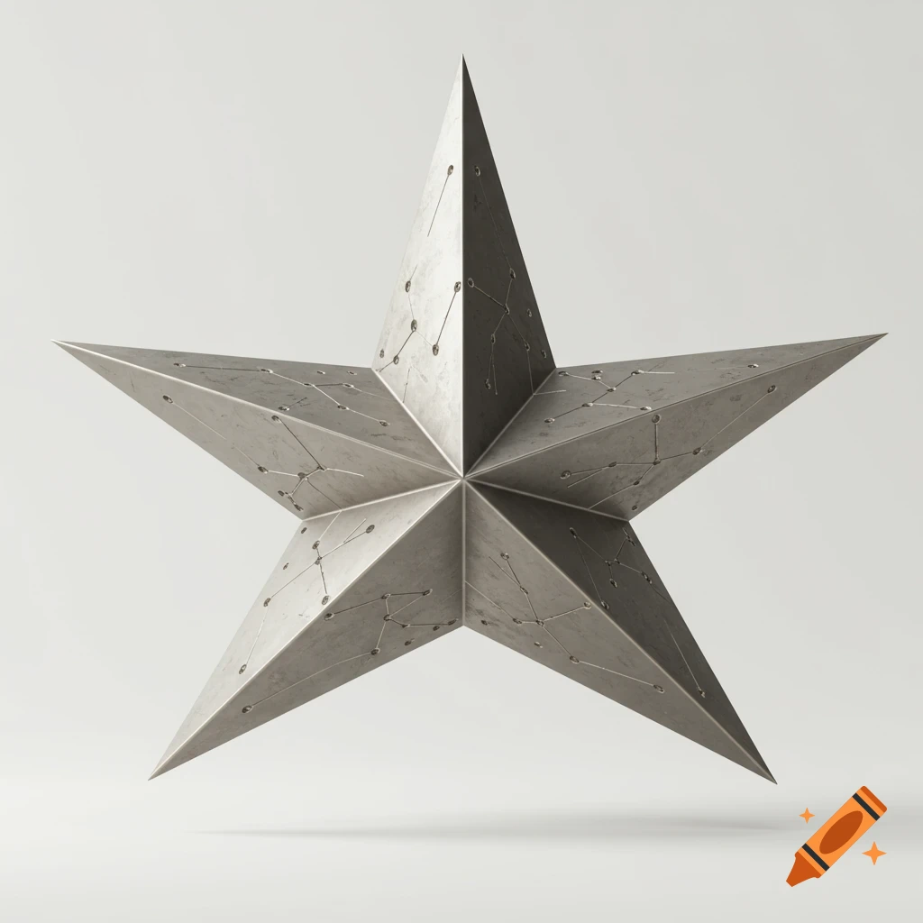 A shimmering silver metallic star with circuit-like patterns floats against a plain white background, casting a subtle shadow.