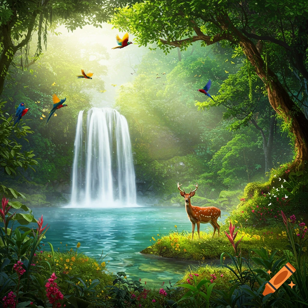 Lush jungle scene with a tall waterfall flowing into a blue pond, a spotted deer, and colorful birds flying.