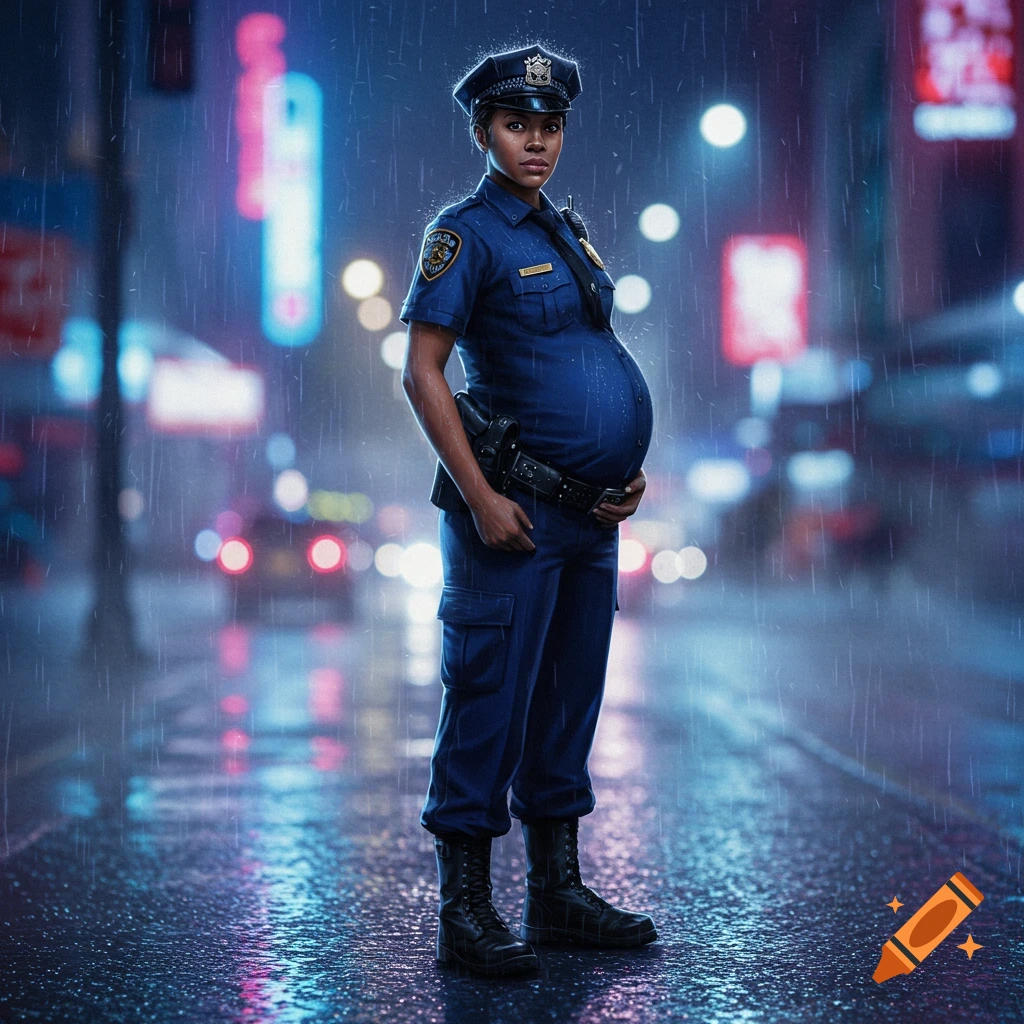 A pregnant police officer in uniform stands on a wet city street at night in the rain, hands on her belly.