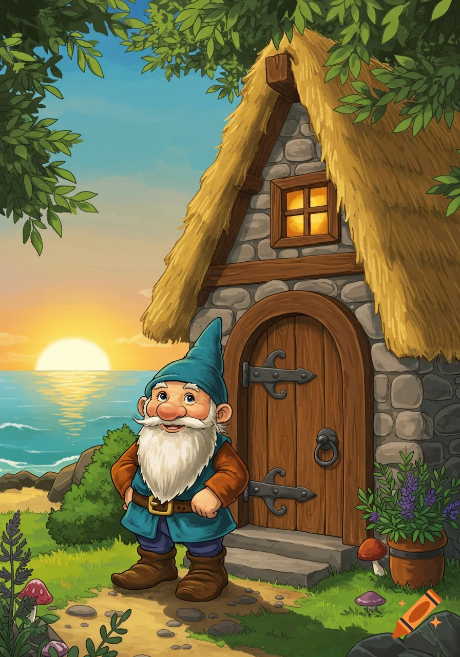 Whimsical illustration of a proud gnome with a white beard and blue hat, standing in front of his thatched-roof stone cottage by the sea at sunset.