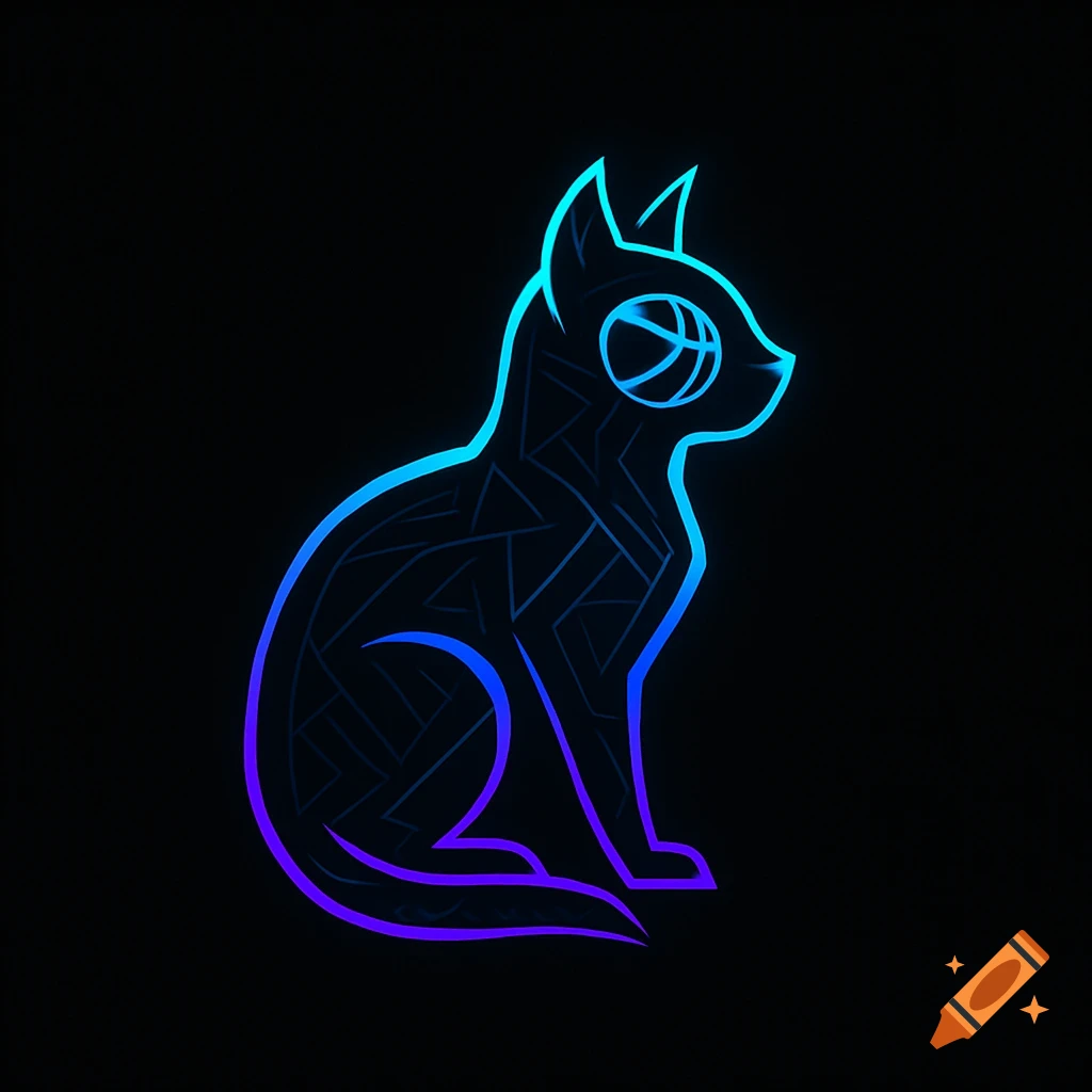 A stylized neon cat logo with a basketball eye, outlined in blue and purple against a black background.