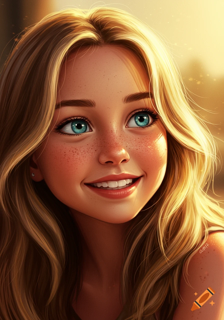 Close-up digital art portrait of a smiling young woman with blonde hair, blue eyes, and freckles, bathed in warm light.