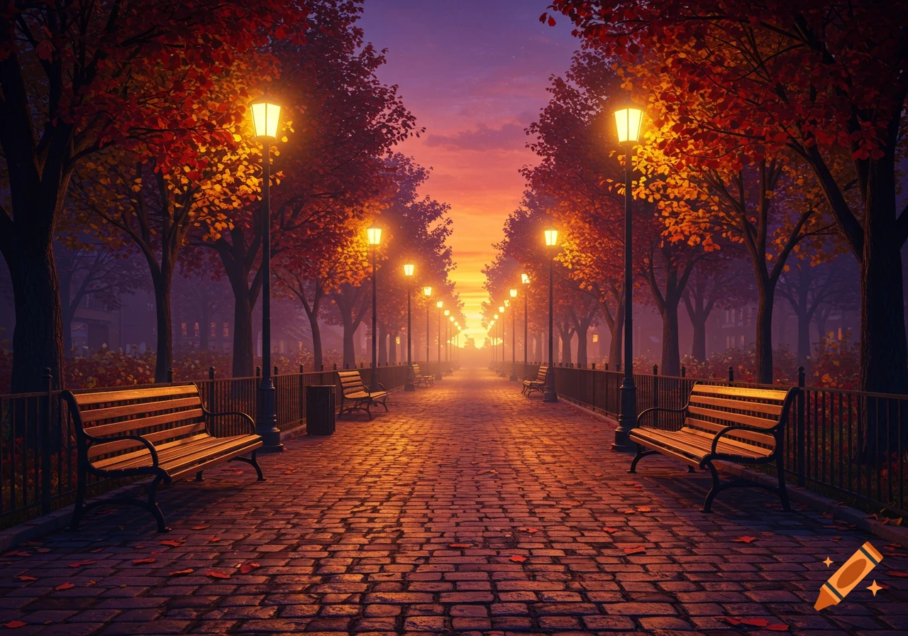 A cobblestone path lined with glowing lampposts and autumn trees under a purple and orange sunset.