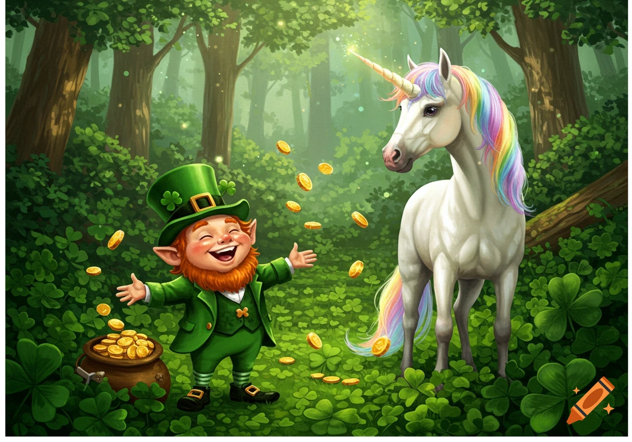 A cheerful leprechaun smiles as gold coins fall around him, standing next to a majestic unicorn in a vibrant green clover forest, illustration.