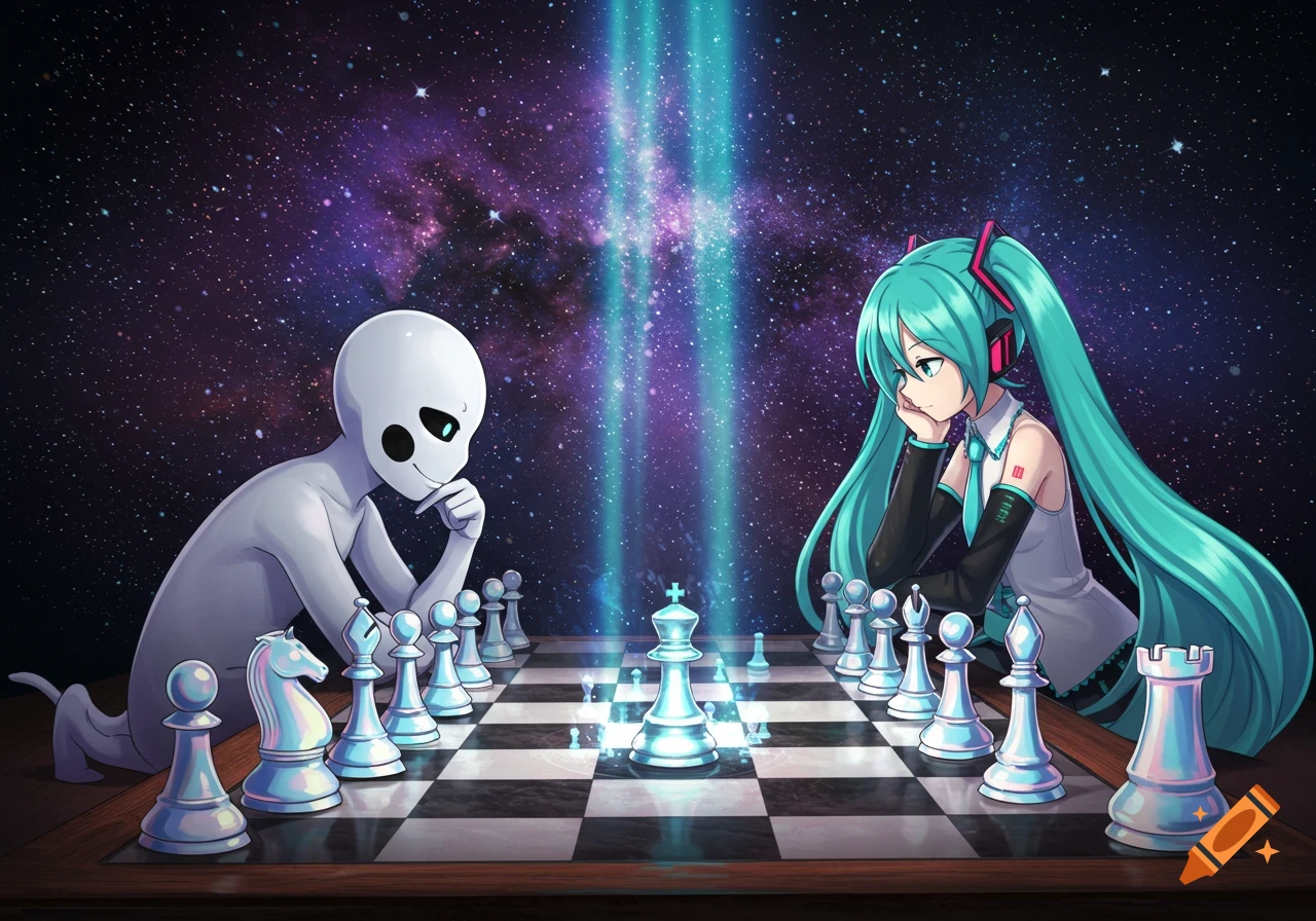An anime girl with teal pigtails and a grey alien play chess on a glowing board under a starry, cosmic sky.