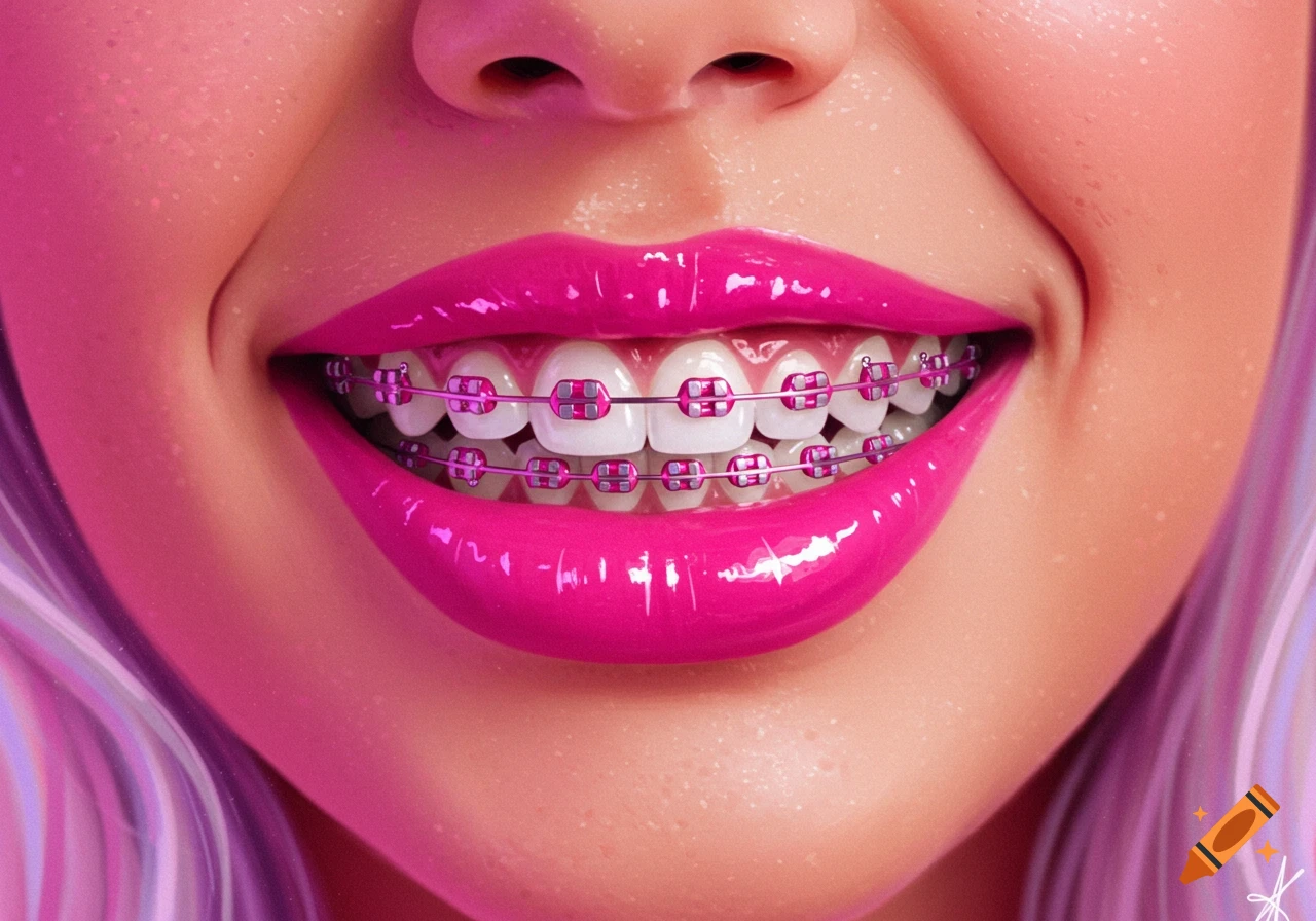 Close-up of a smiling mouth with glossy pink lipstick and pink braces, with light purple hair visible.