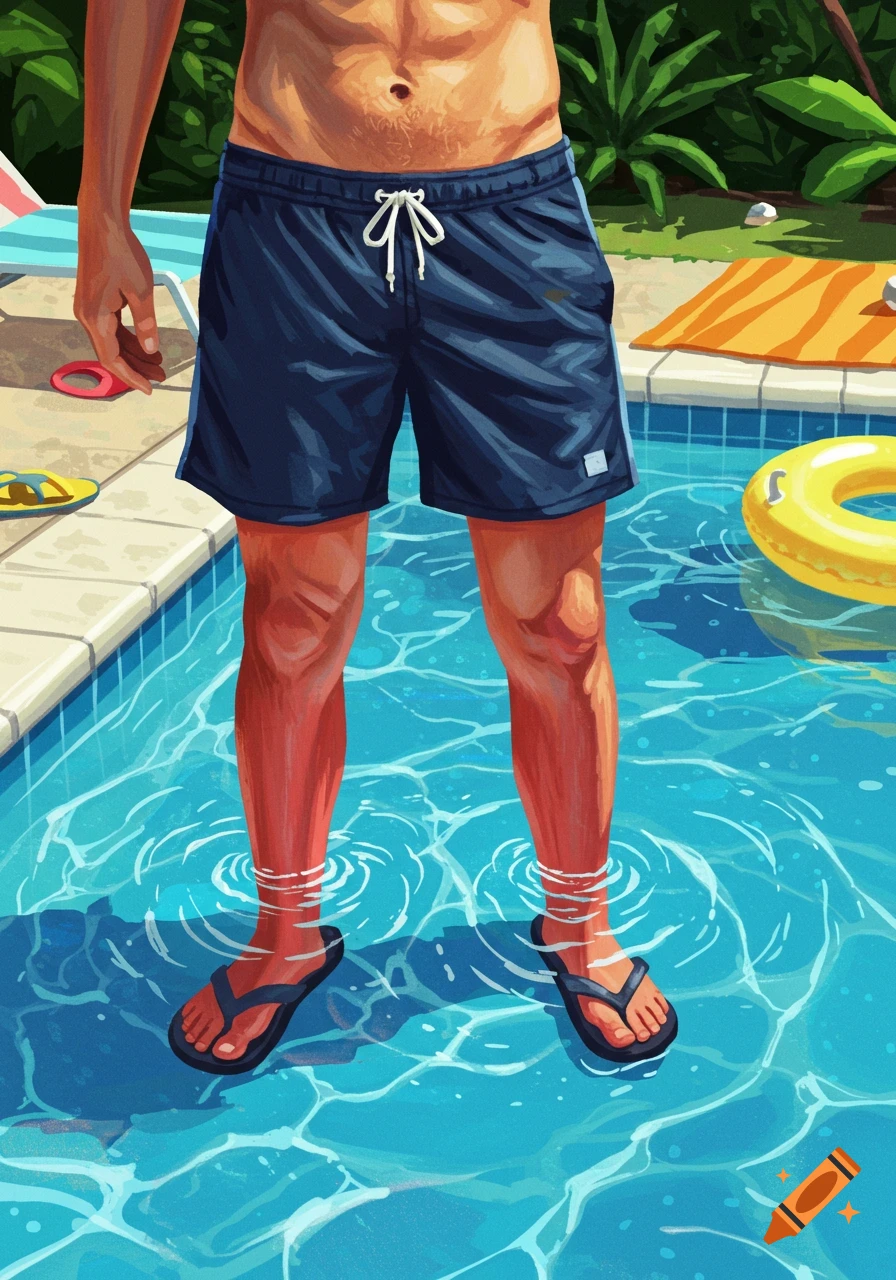 Illustration of a man with sunburned shins and flip-flops standing in a bright blue swimming pool on a sunny day.