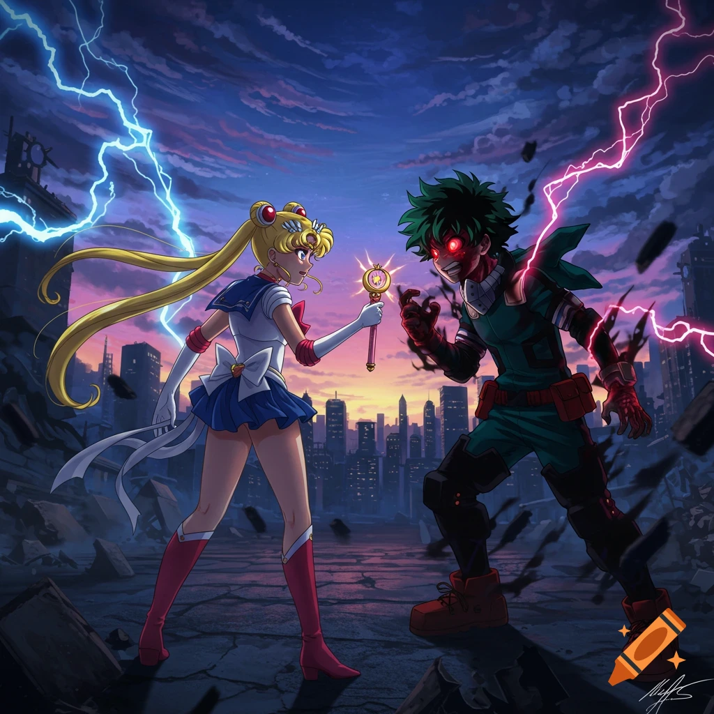 Sailor Moon and a corrupted Izuku Midoriya confront each other in a destroyed city with lightning, anime style.