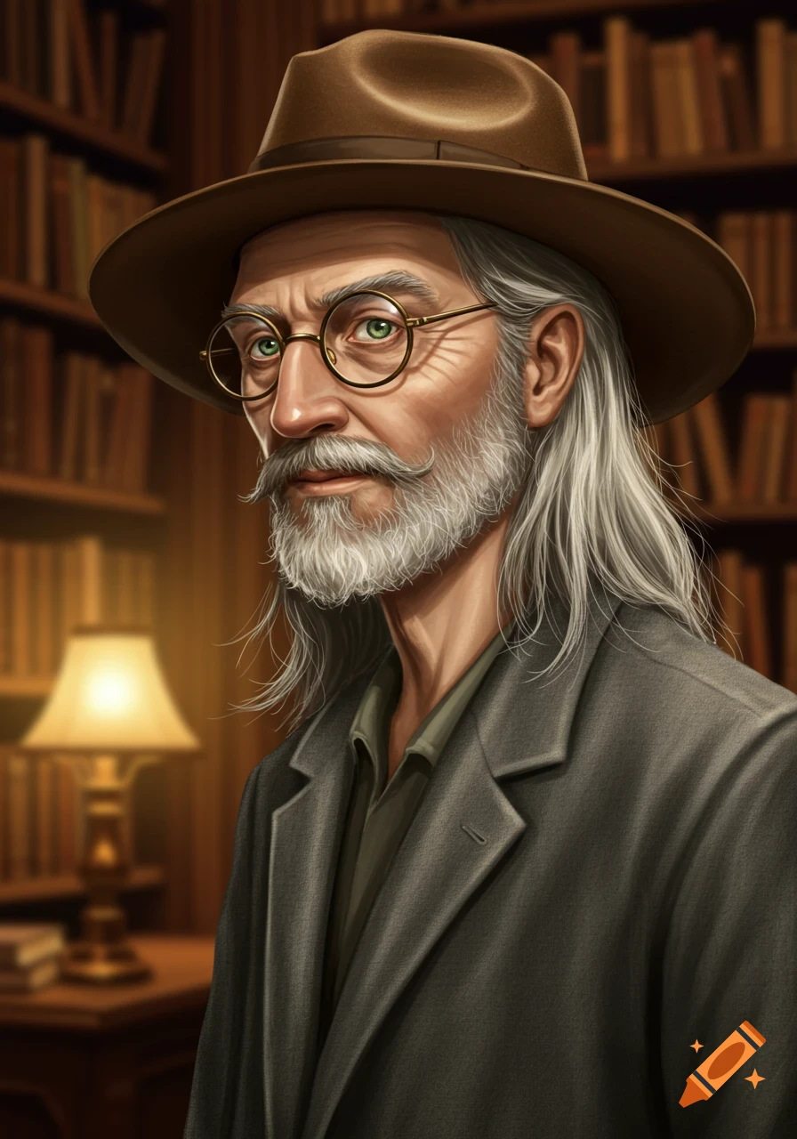 Digital painting of an old man with a long grey beard, green eyes, glasses, brown hat, and grey jacket, in a dim library.