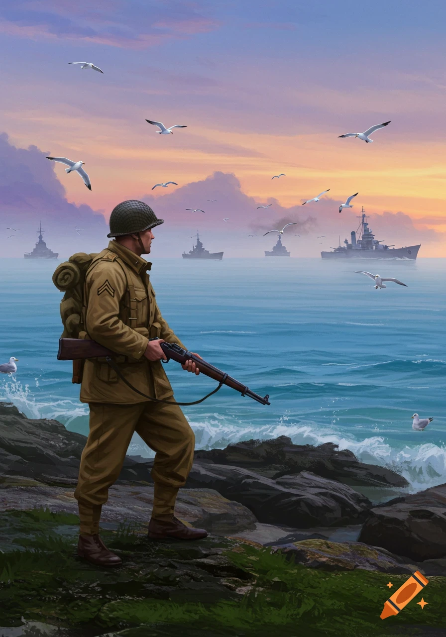 An illustration of a WWII soldier with a rifle on a rocky coast, looking at warships at sea under a sunset sky with seagulls.