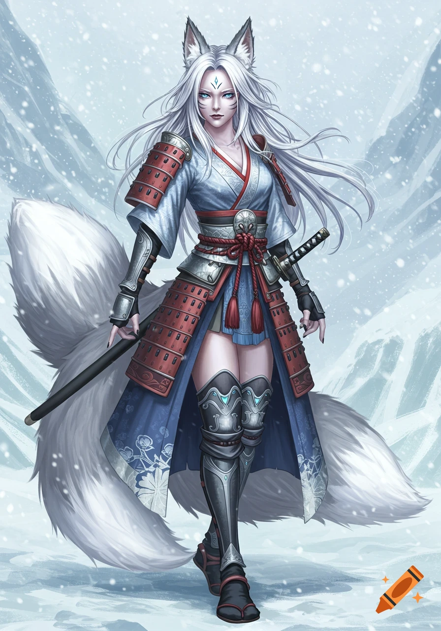 A white-haired female Kitsune in red and silver samurai armor and a kimono stands in a snowy landscape, holding a katana.