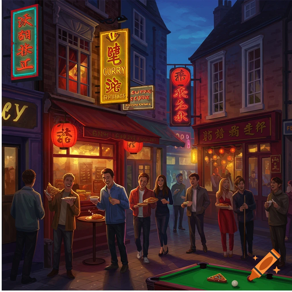 An illuminated street scene at night with people gathered outside curry houses and other establishments. Neon signs with English and stylized Chinese characters light up the buildings, and a snooker table is in the foreground.