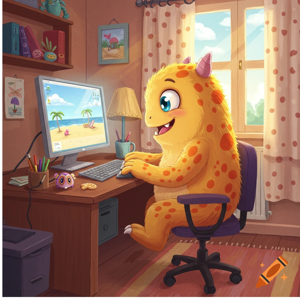 A happy, furry yellow and orange cartoon monster with blue eyes sits at a wooden desk, using a computer with a beach scene background.