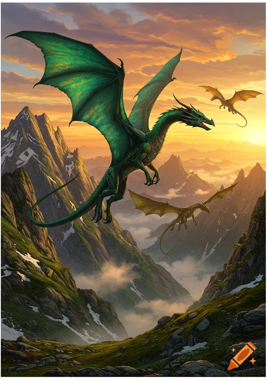 A large green dragon with two smaller ones flies over a majestic mountain range with green slopes and snow, under an orange sunset sky.