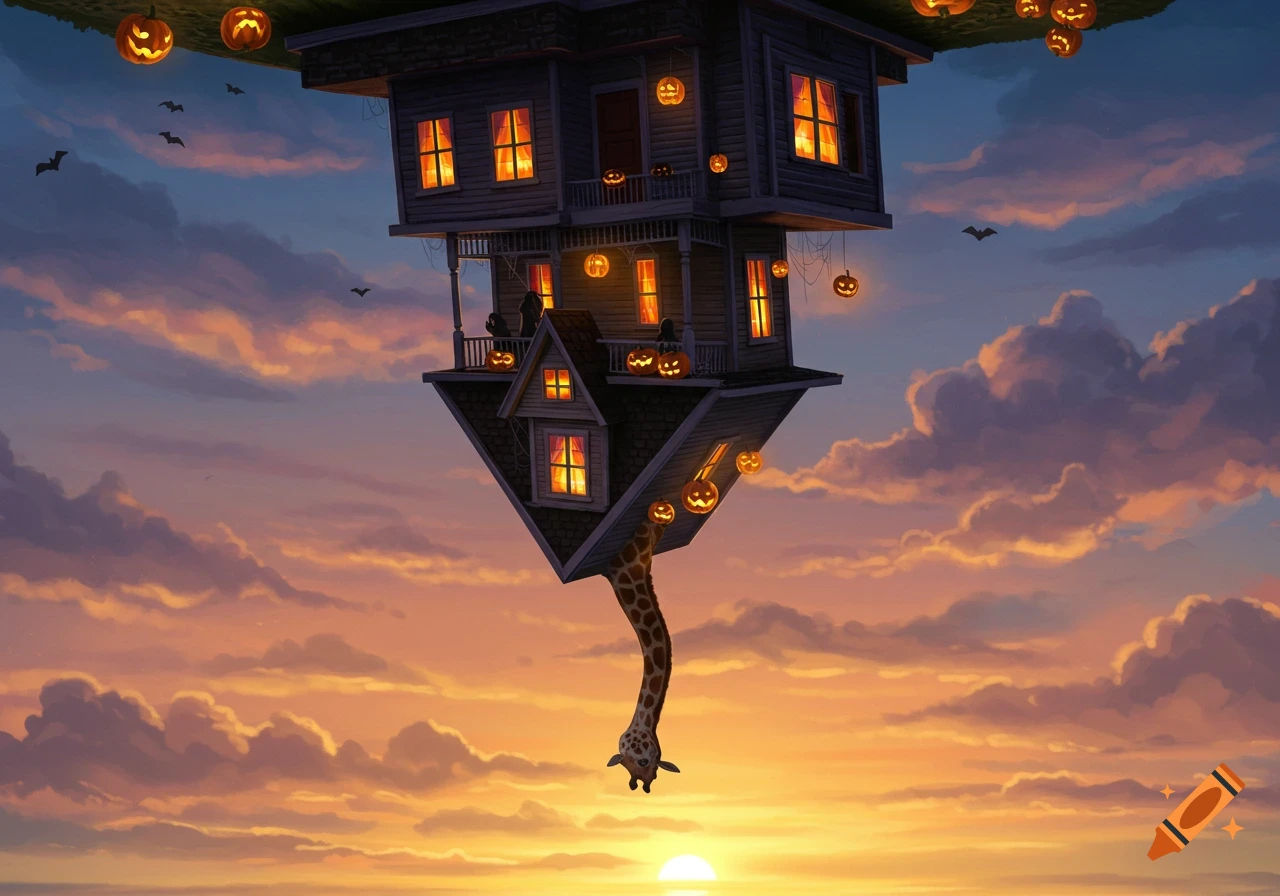 An upside-down house with Halloween decorations and a giraffe emerging from its peak, silhouetted against a vibrant sunset sky.