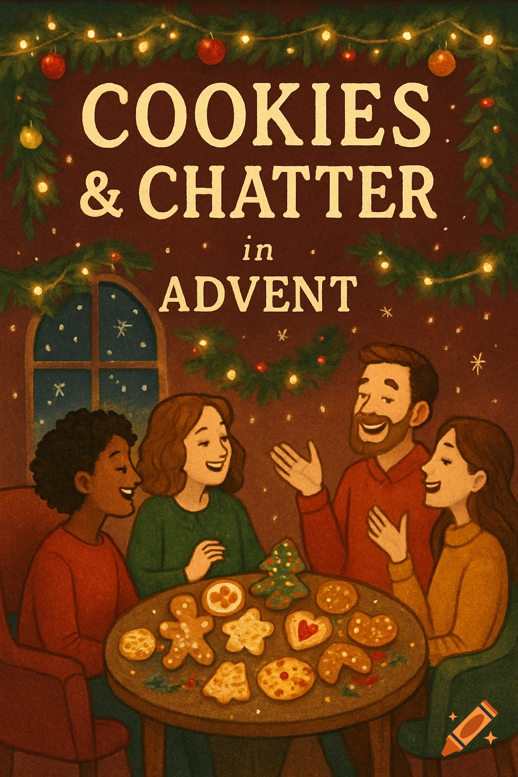 Stylized illustration of four people sharing Christmas cookies at a table, with holiday garlands and "COOKIES & CHATTER in ADVENT" text.