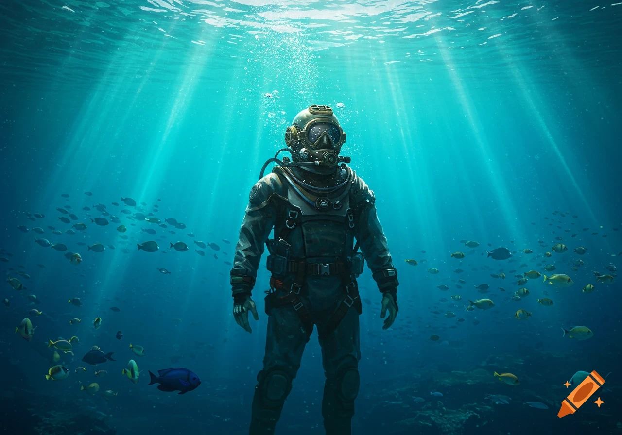 A diver in an old-fashioned suit stands on the ocean floor, with sun rays piercing the turquoise water and fish swimming around.
