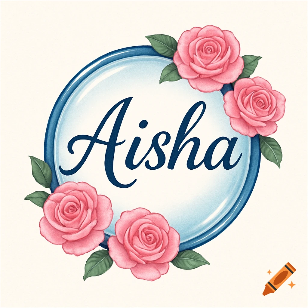 A watercolor-style logo with the name 'Aisha' in script font within a glossy blue circle, framed by pink roses and green leaves.
