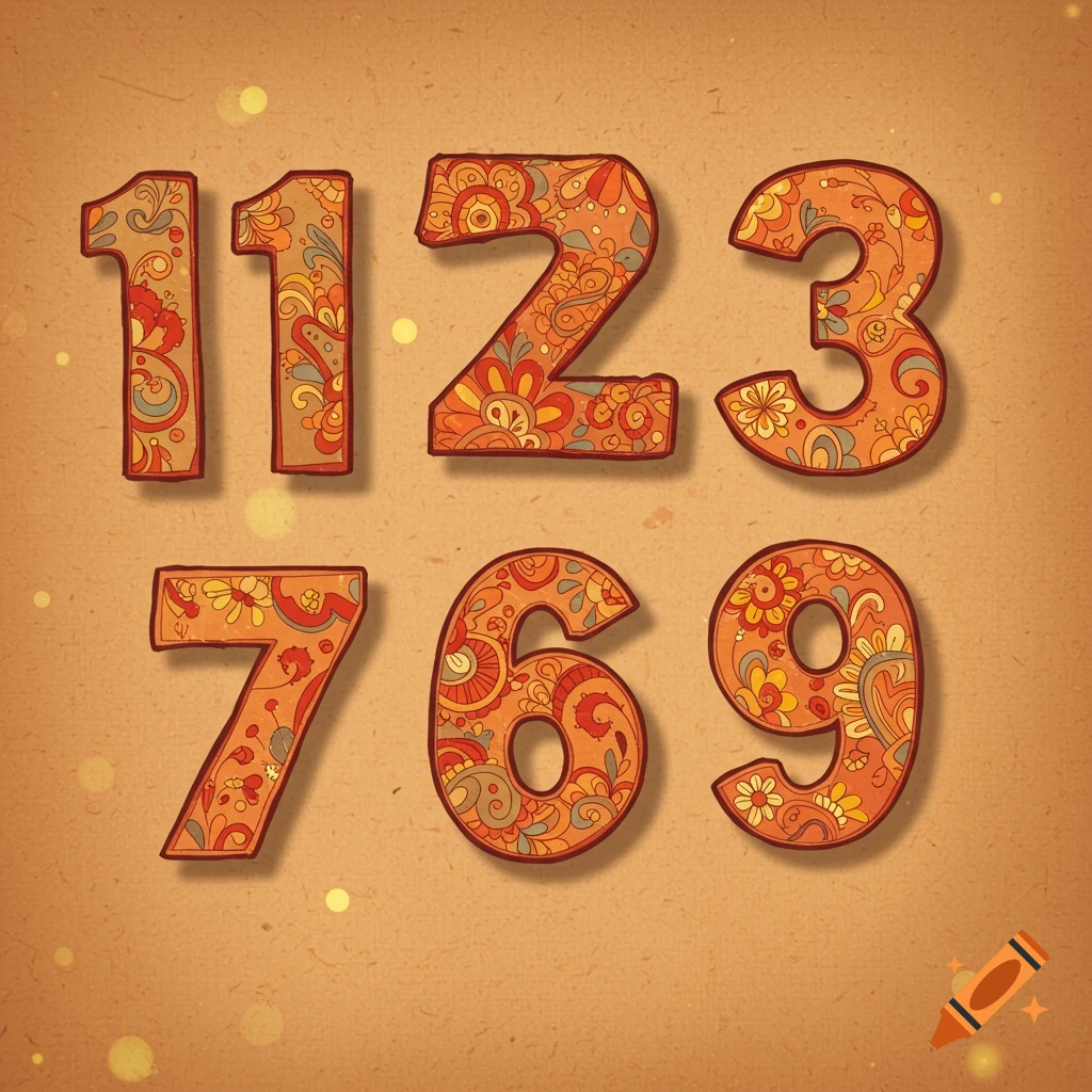 Decorative numbers 1, 1, 2, 3, 7, 6, 9 with intricate floral patterns in warm hues on a textured background.