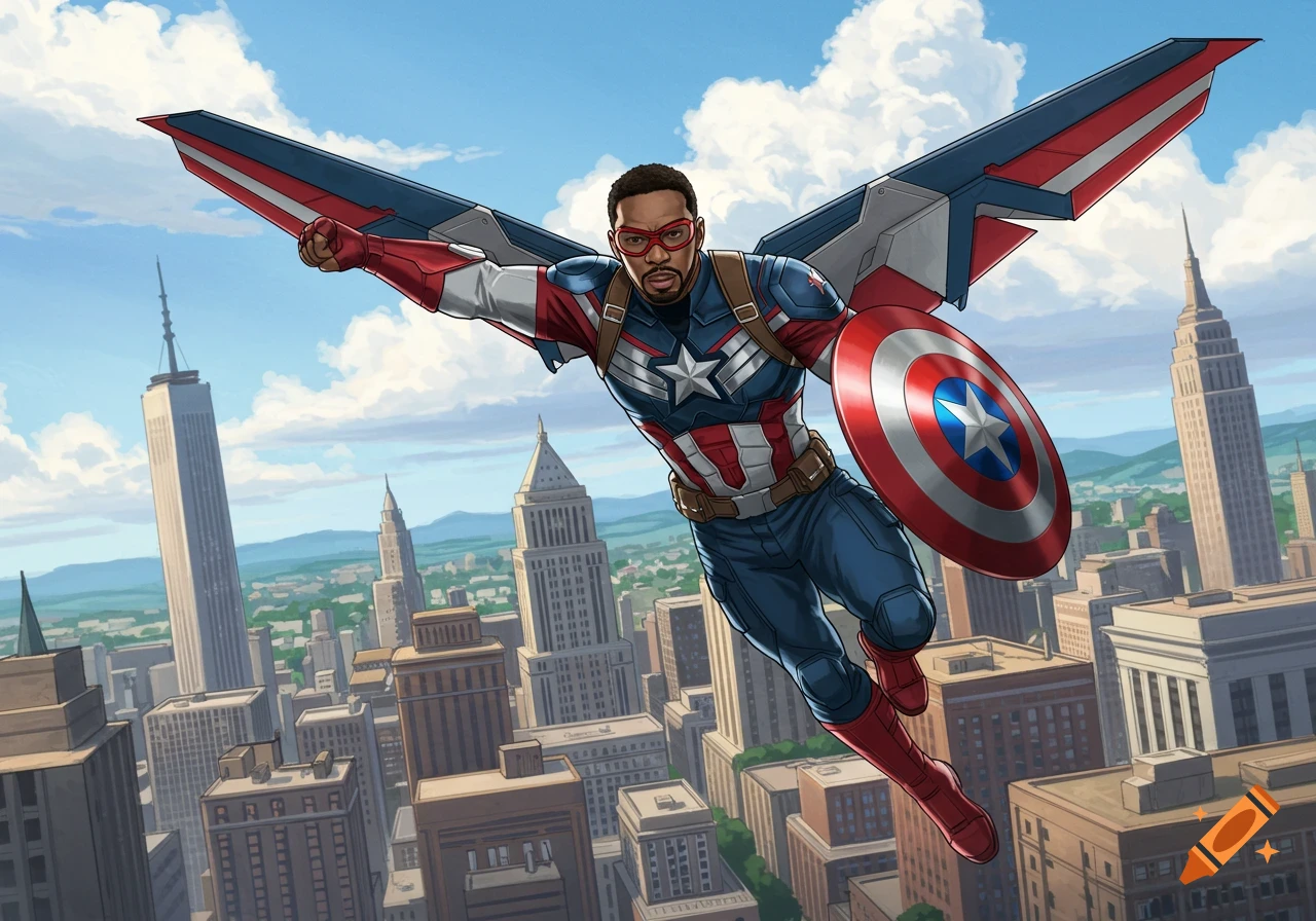 Captain America (Sam Wilson) in his red, white, and blue suit with wings, flies over a city holding a shield.