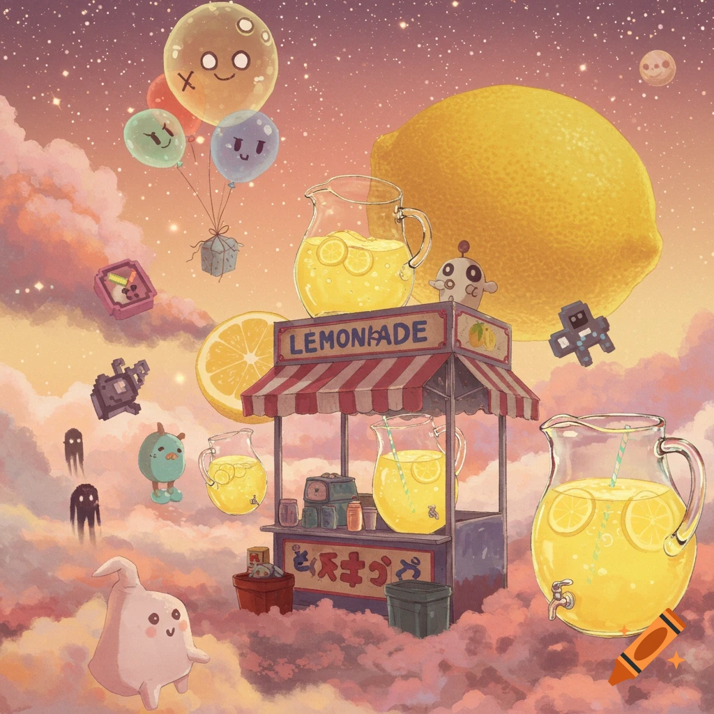 A whimsical cartoon painting of a lemonade stand floating on pink clouds in space, surrounded by giant lemons, balloons, and cute, strange creatures.
