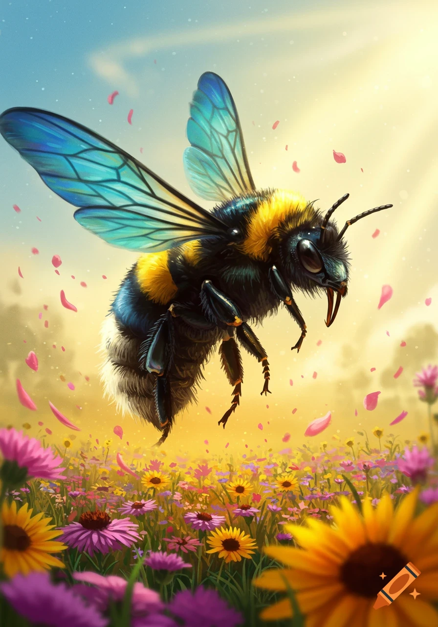 A vibrant illustration of a fluffy bumblebee with blue wings flying over a field of colorful flowers under sun rays.