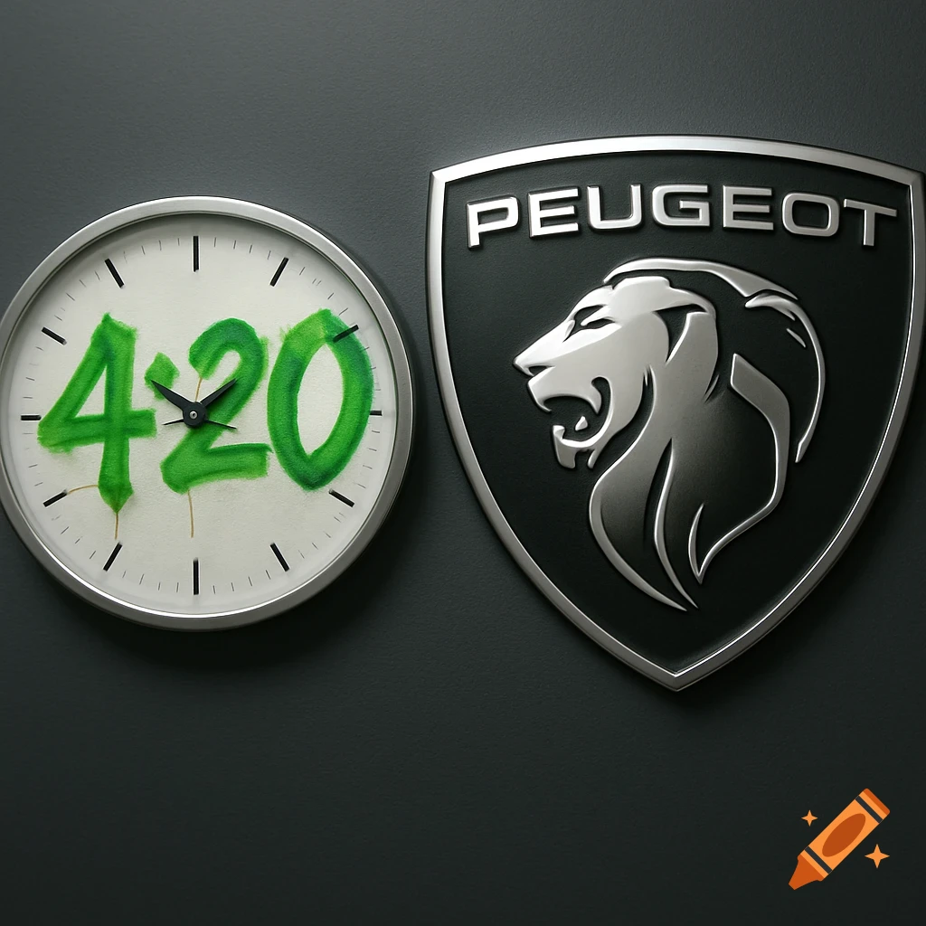 A silver Peugeot car logo next to a clock with '4:20' spray-painted in green on its face, against a dark grey wall.