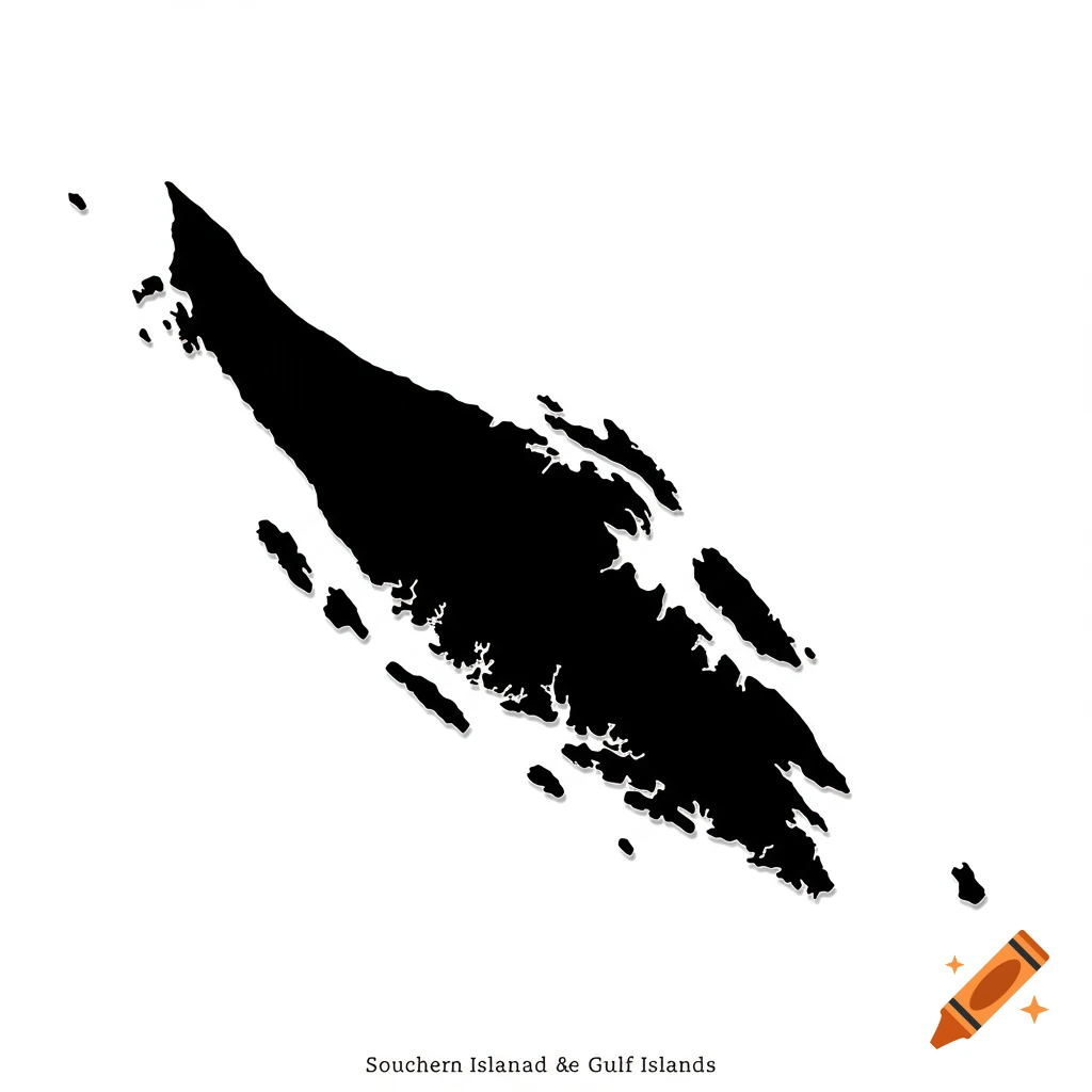 Black silhouette of Southern Vancouver Island and Canadian Gulf Islands with a shadow effect on a white background.