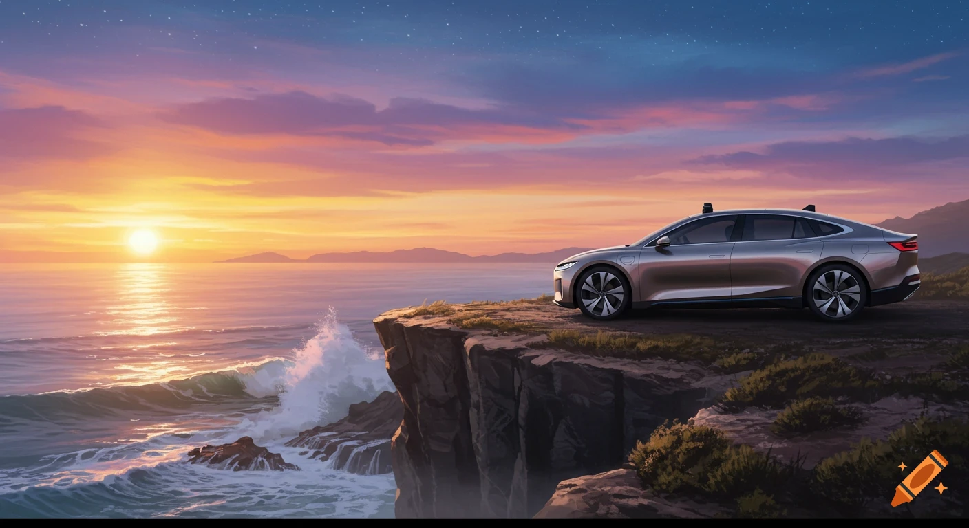 Silver modern car parked on a cliff edge overlooking a vibrant sunset over the ocean with waves crashing.