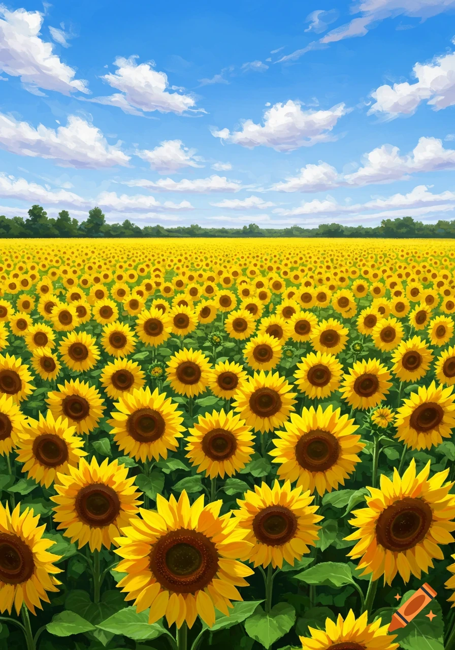 A vibrant field of yellow sunflowers stretches under a clear blue sky with fluffy white clouds.