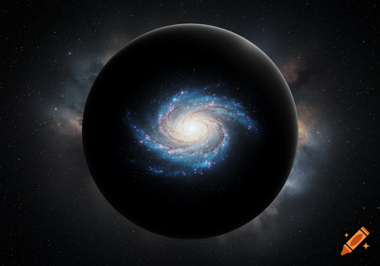 A black sphere in deep space containing a brightly lit spiral galaxy, surrounded by stars and nebulae.