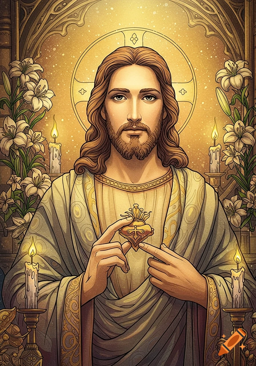 Illustration of Jesus with long brown hair and beard, holding a Sacred Heart, surrounded by white lilies and candles.