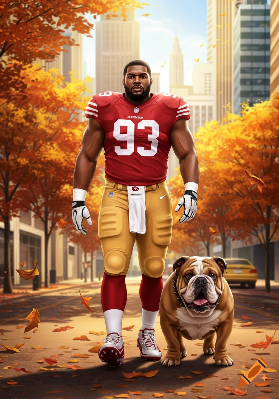 A muscular football player in a red jersey with '93' and gold pants walks a bulldog down an autumn city street.