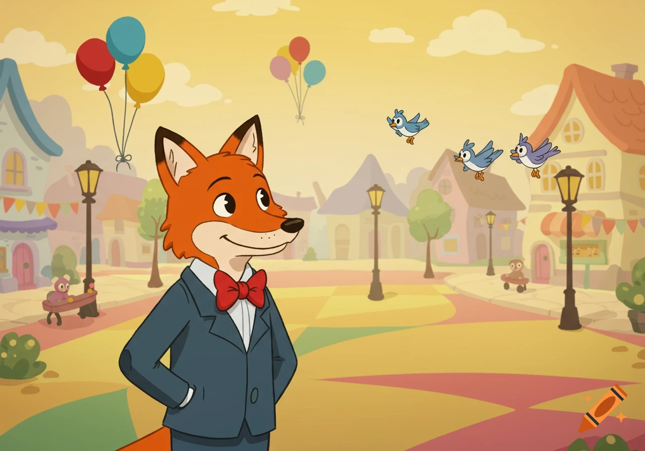 A cartoon fox in a blue suit and red bow tie stands in a cheerful town square with balloons and blue birds flying.