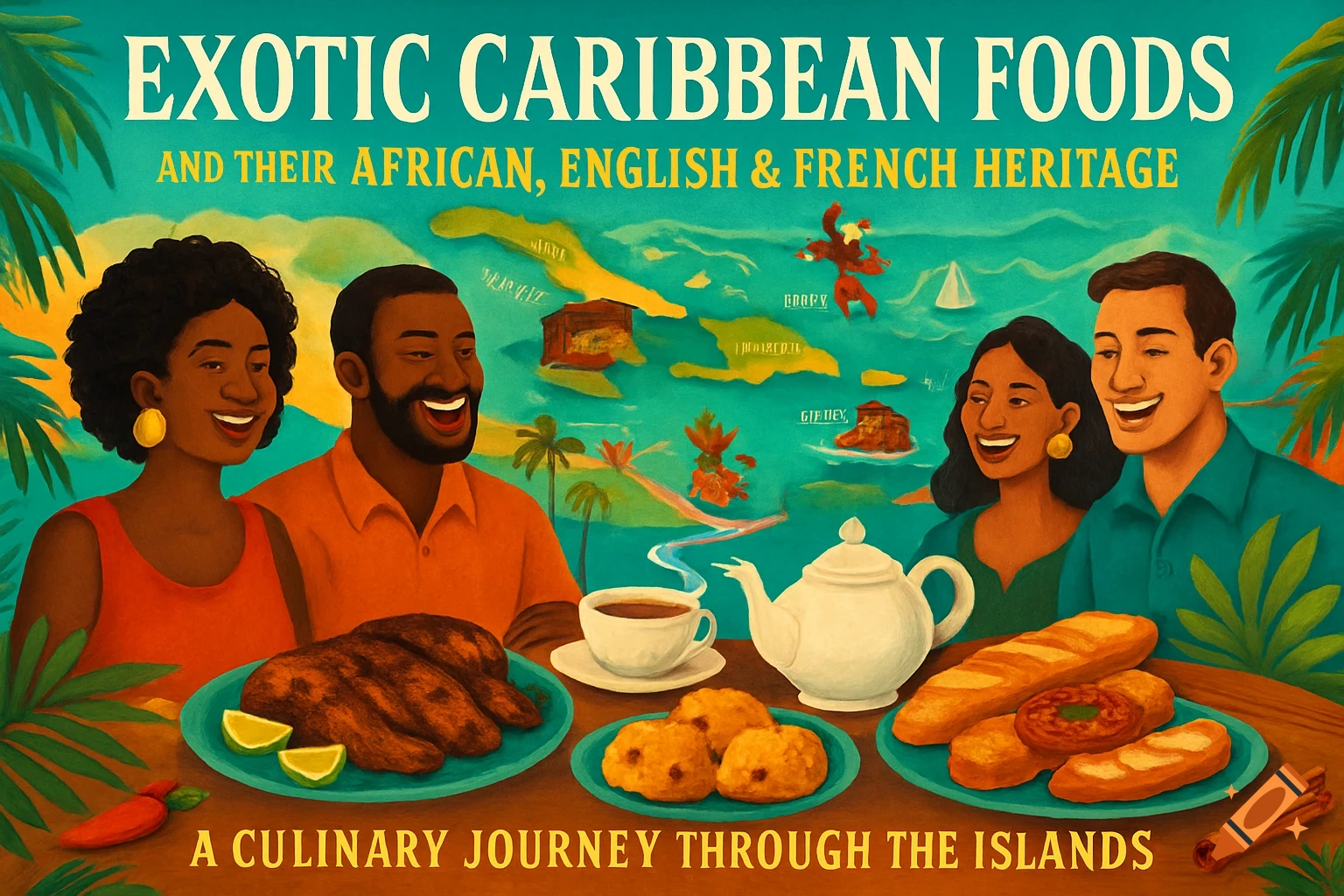 Vibrant illustration of a group of diverse people gathered around a table with Caribbean foods, a map of islands in the background. Title reads "Exotic Caribbean Foods".