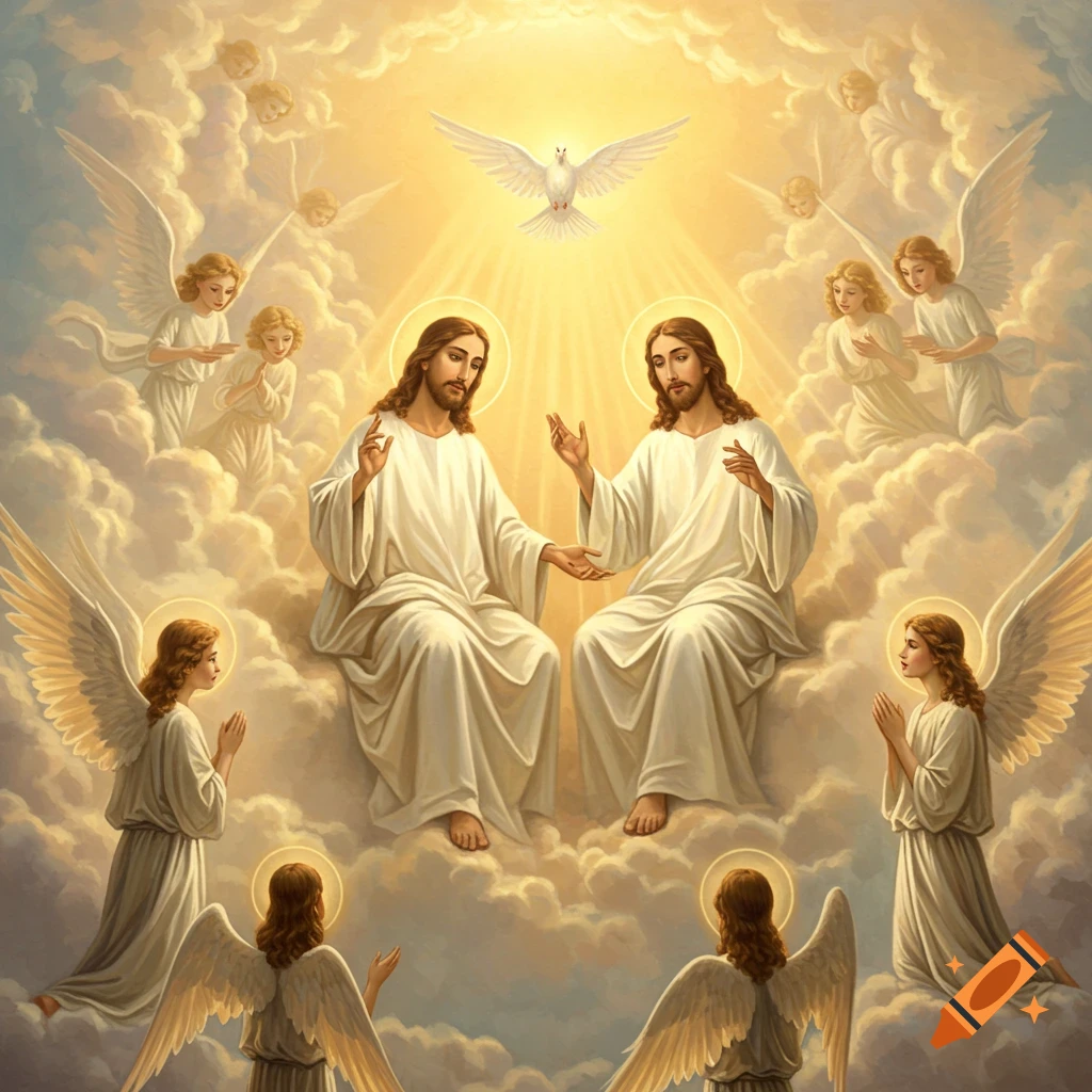 A heavenly scene depicting the Holy Trinity with two figures of Jesus, a dove, and numerous angels surrounded by clouds and golden light.