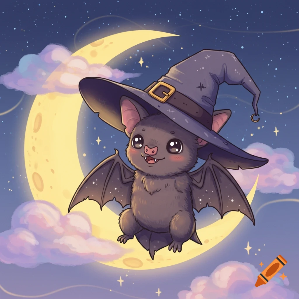A cute cartoon bat wearing a witch hat flies in front of a glowing crescent moon in a starry night sky with pink clouds.