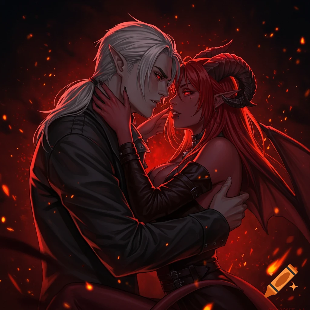 Anime illustration of a pale-skinned man and a red-skinned demon woman passionately embracing against a fiery red and black background.