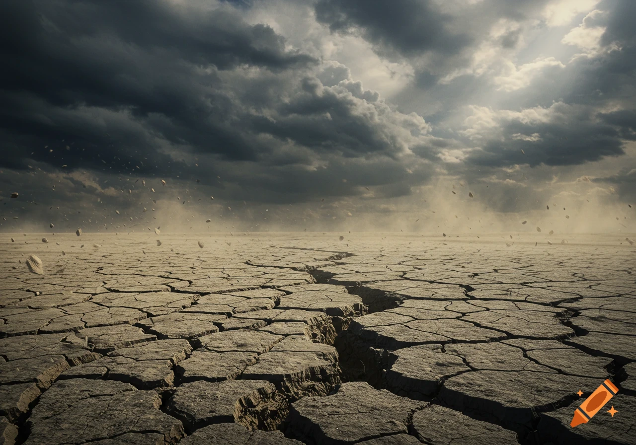 A vast, cracked dry desert floor under a stormy, dark sky with debris flying, a large fissure runs through the foreground. Photorealistic.