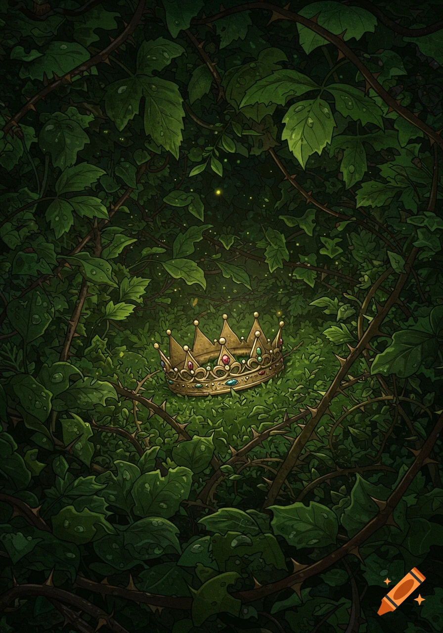 A golden, jeweled crown lost in a dense tangle of dark green bramble and thorns, illustration.