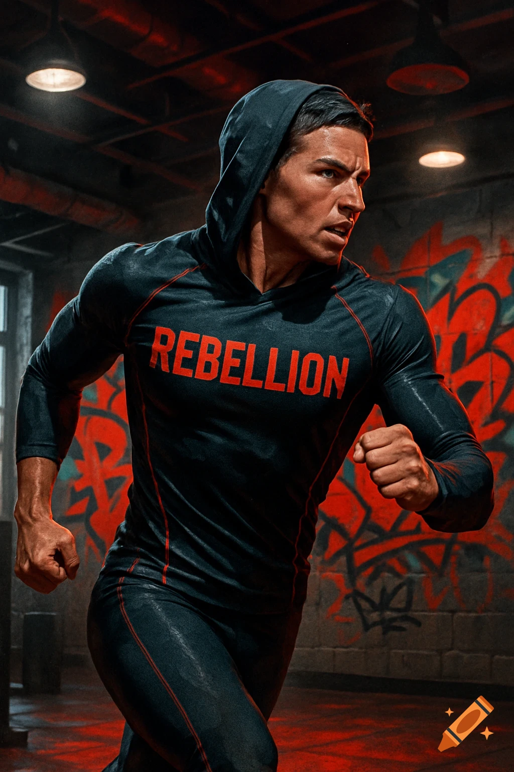 A muscular man in a dark hoodie and workout gear with "REBELLION" on his chest, running in a gritty gym with red graffiti.