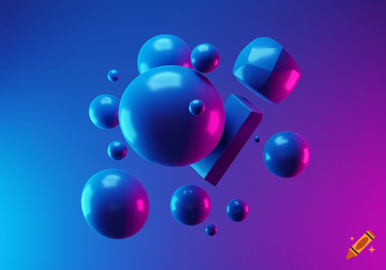 Floating blue spheres and geometric shapes with pink and blue highlights against a vibrant gradient background.