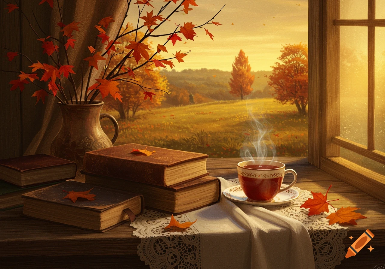 A cozy autumn scene with books, a steaming cup of tea, and fall foliage on a wooden windowsill overlooking a golden landscape.