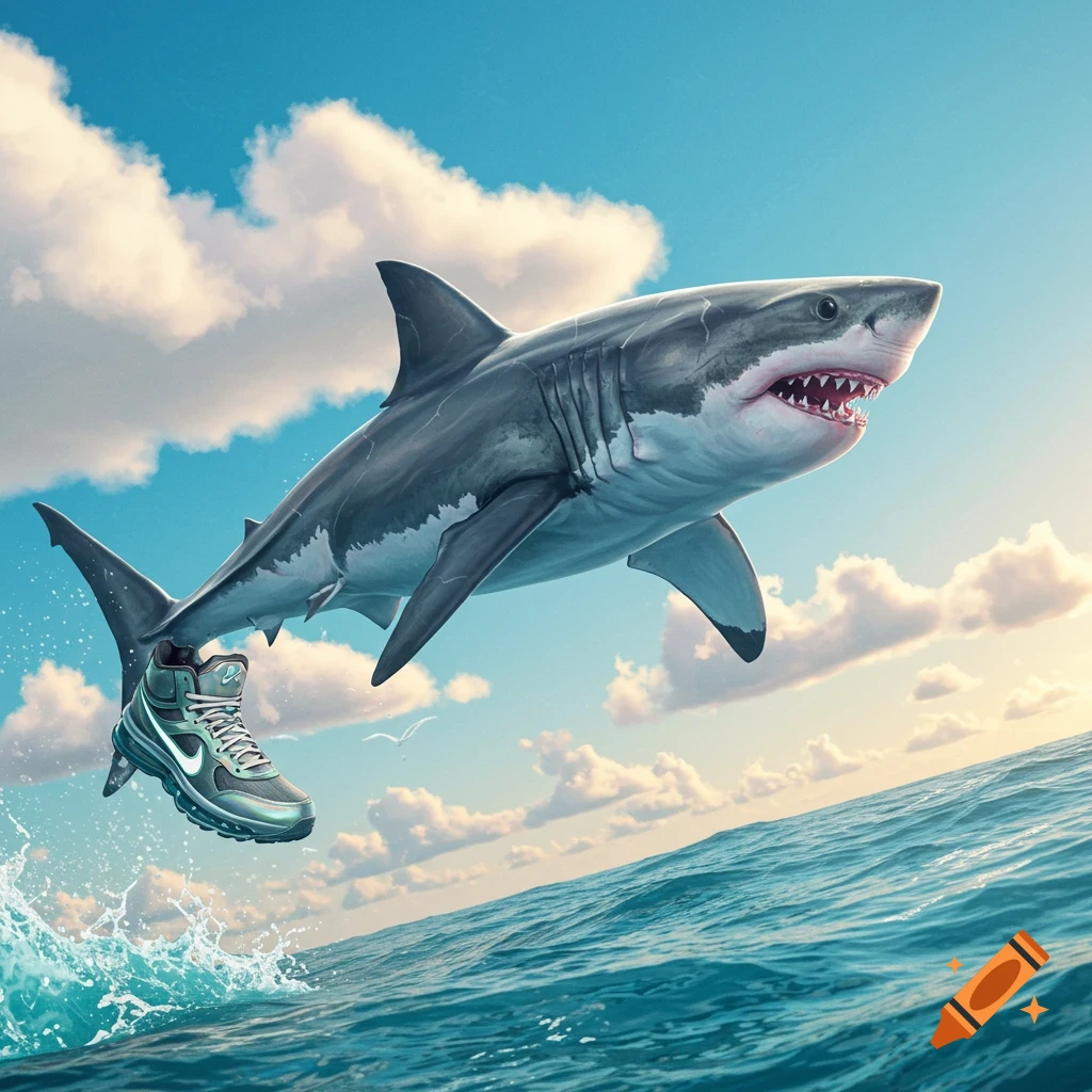 A great white shark wearing a Nike shoe leaps out of the ocean, splashing water under a bright blue sky with clouds.