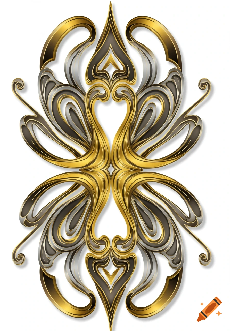 Symmetrical abstract ornate design with flowing gold and dark metallic lines on a white background.
