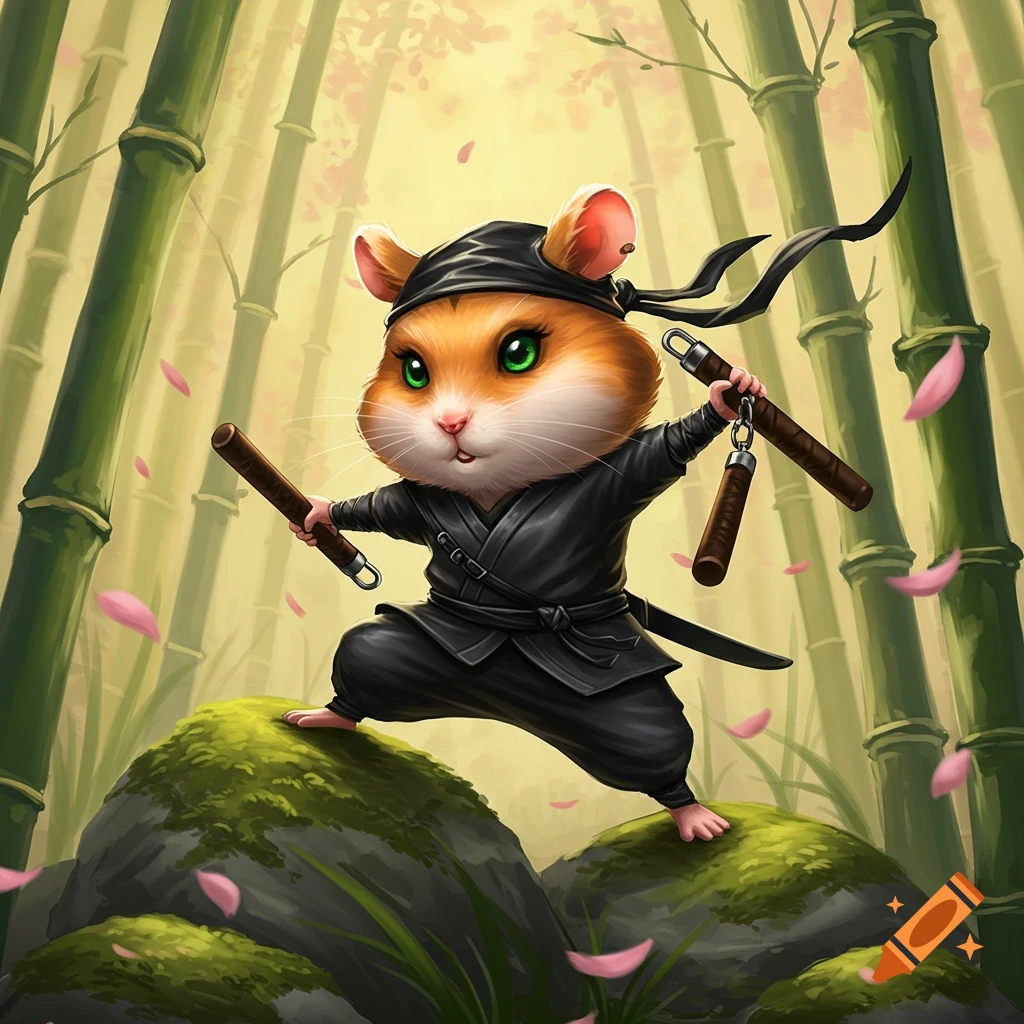 A cute, fluffy hamster dressed as a ninja warrior, holding nunchaku and a sword, stands on mossy rocks in a bamboo forest.