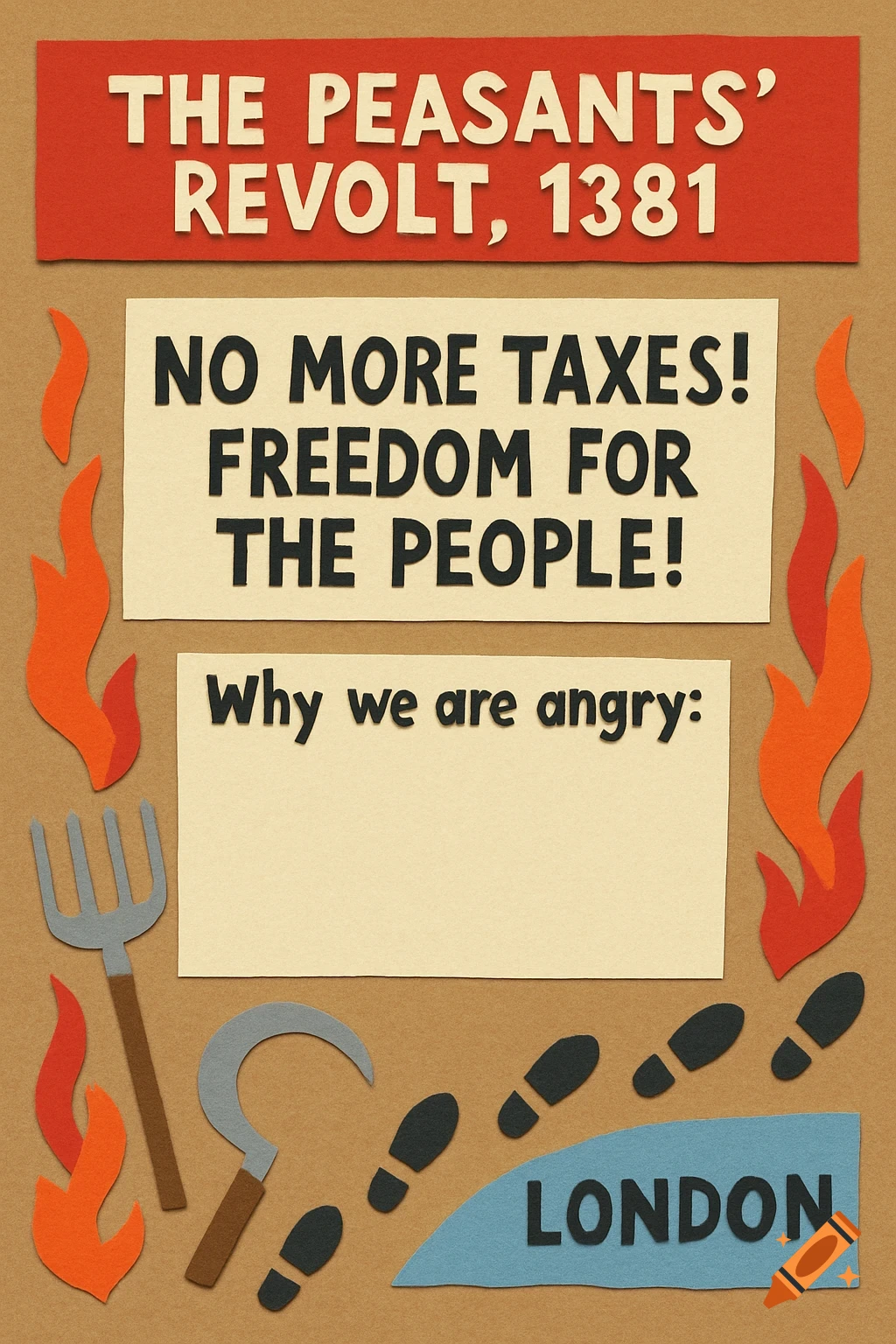 A vibrant school poster about The Peasants' Revolt, 1381, in a paper-cut collage style. Features text, flames, farming tools, and footprints.