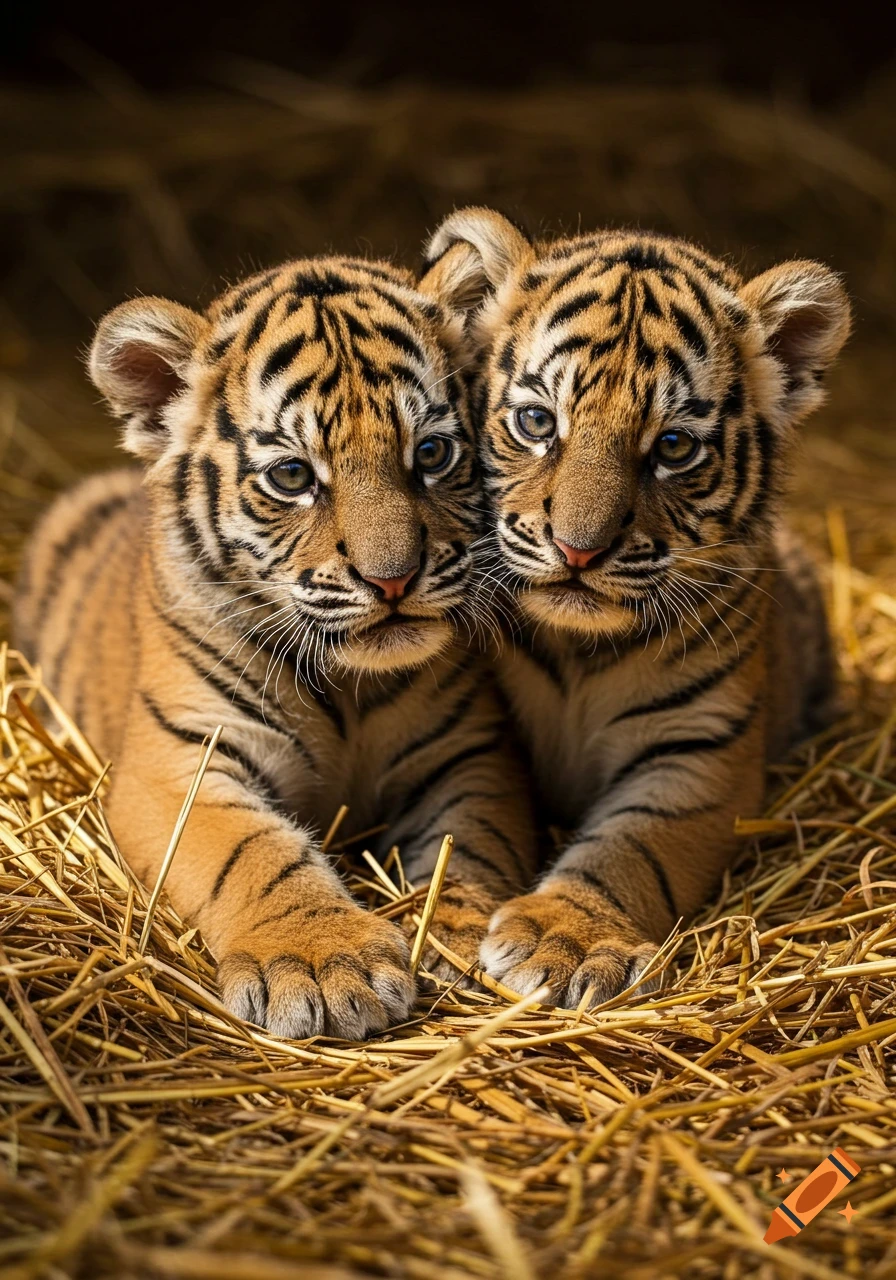 Two photorealistic tiger cubs with orange and black stripes lie on a bed of straw.