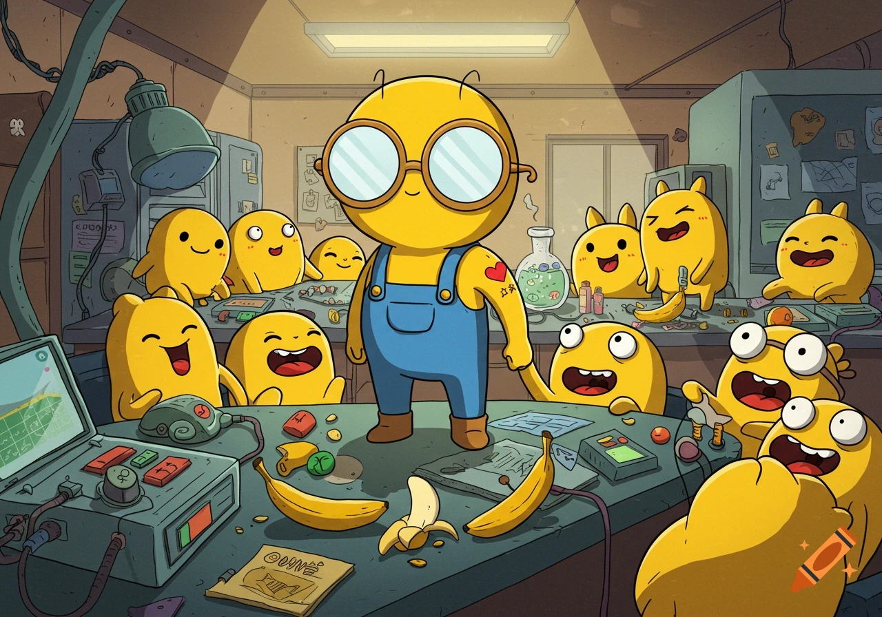 A joyful cartoon features a yellow character in glasses and blue overalls in a laboratory filled with gadgets, bananas, and other laughing yellow creatures.