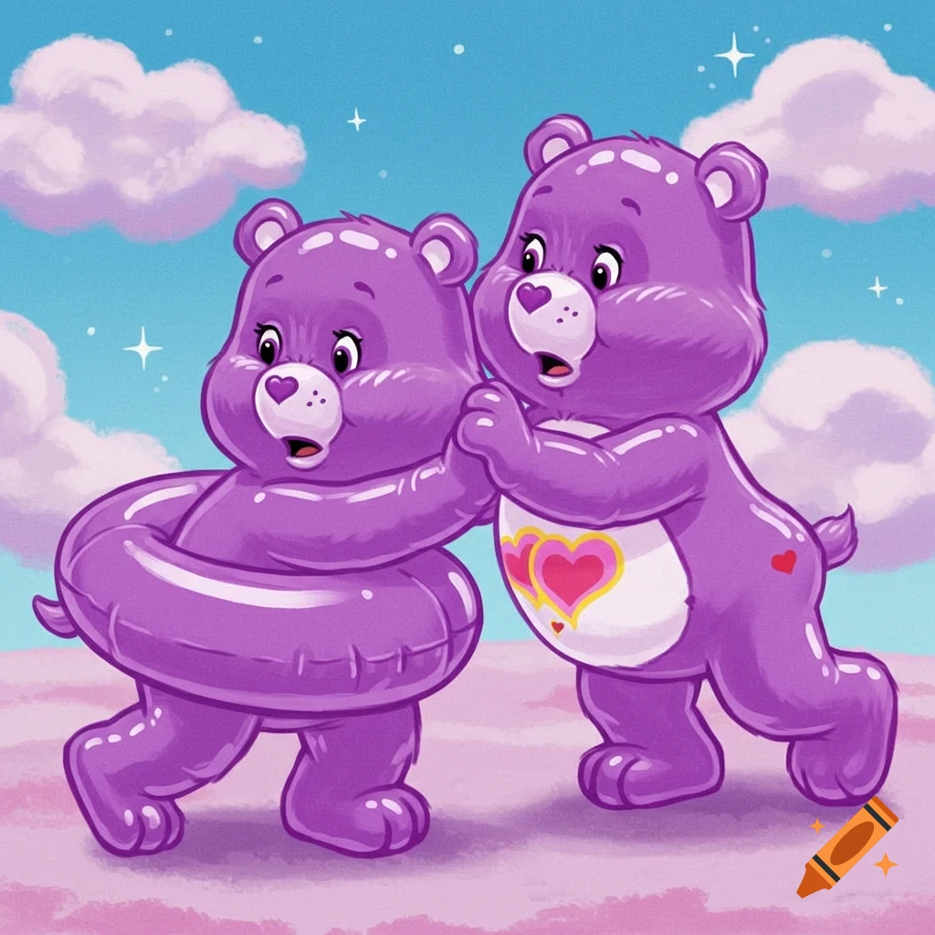 Two purple Care Bears. One wears an inflatable ring, the other stands behind it with an arm around it, against a pink landscape and blue sky.